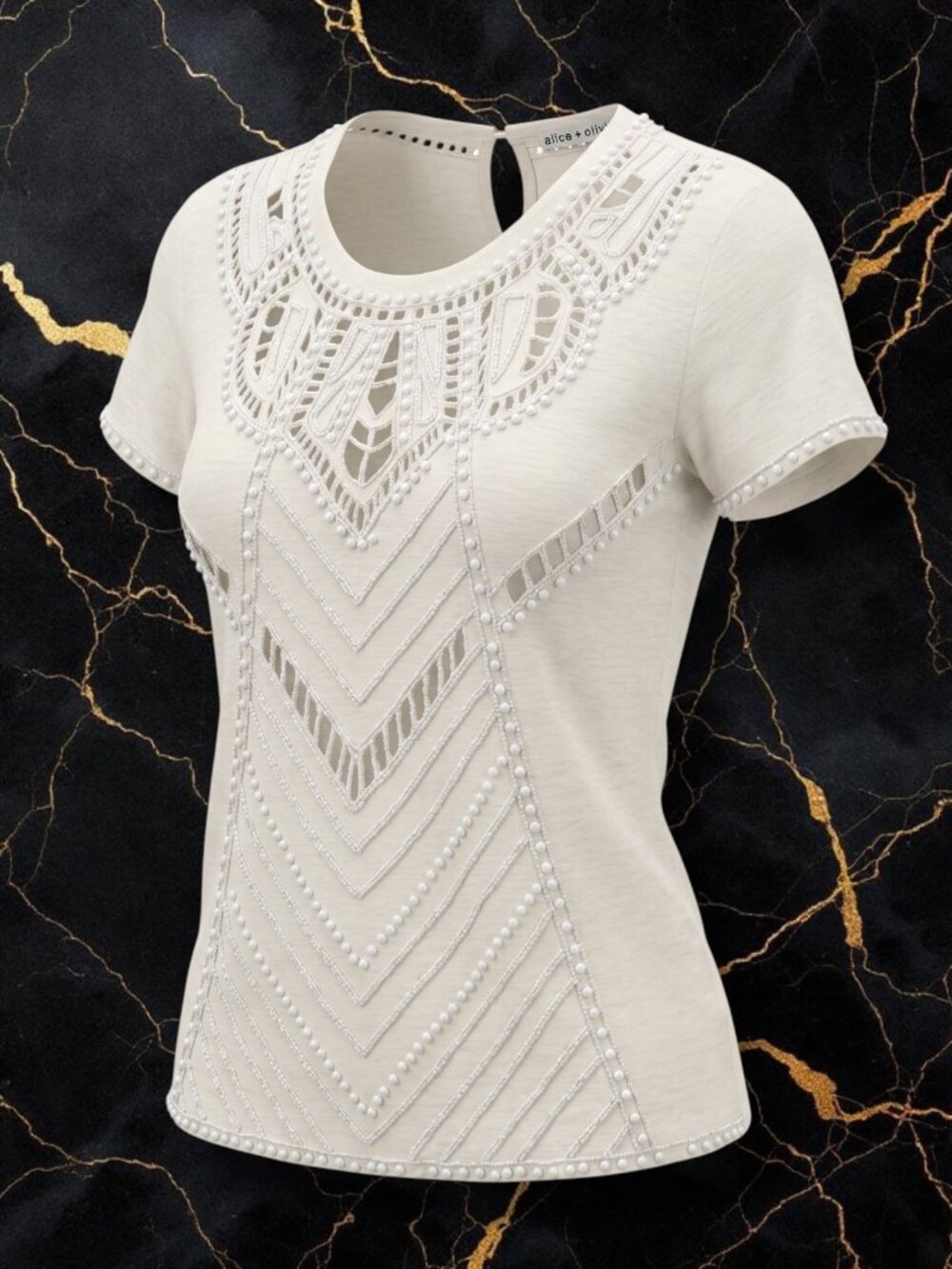 Alice + Olivia White Linen Boho Beaded Cutout Keyhole Blouse M